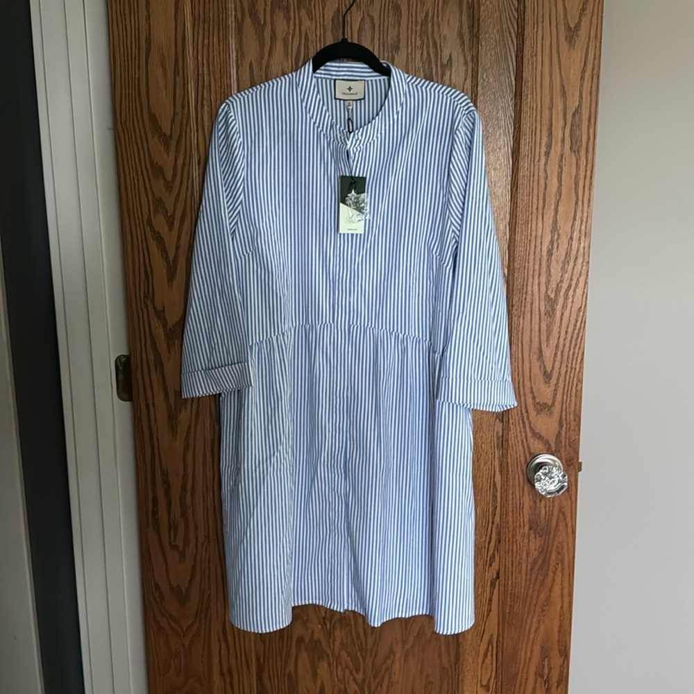 Tuckernuck NEW Blue Stripe Button Down 3/4 Sleeve Royal Shirt Dress Size XL